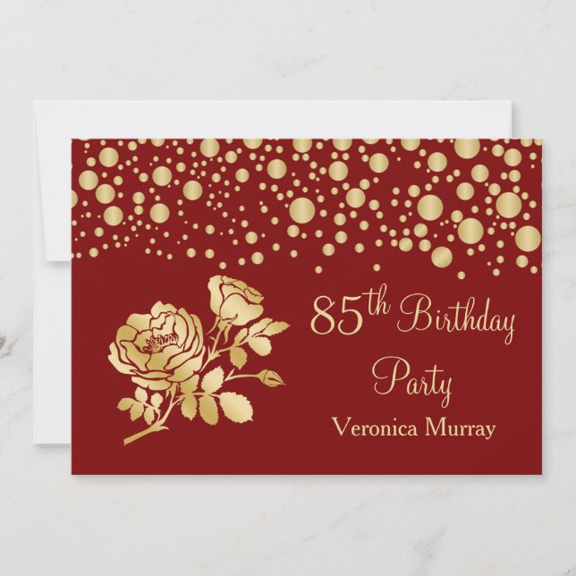 Invitation Confetti d'or, rose sur rouge 85e anniversaire (Devant)