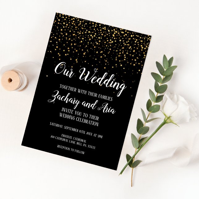 Invitation Confetti d'or sur Noir Notre Mariage (Créateur téléchargé)