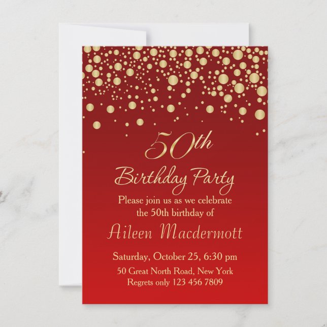 Invitation Confetti d'or sur rouge 50e anniversaire Invitatio (Devant)