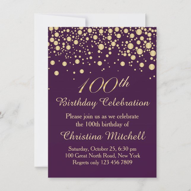 Invitation Confetti d'or sur violet 100ème anniversaire fête (Devant)