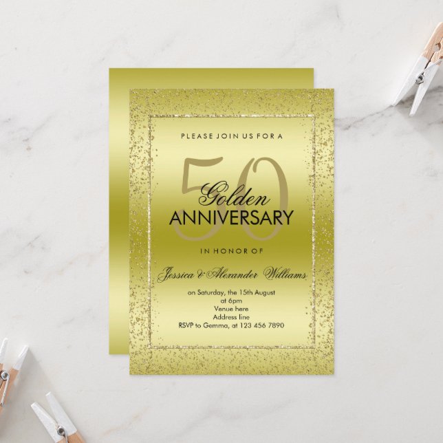 Invitation Confetti Doré Élégant 50e Mariage de Diamant (Devant/Arrière en situation)