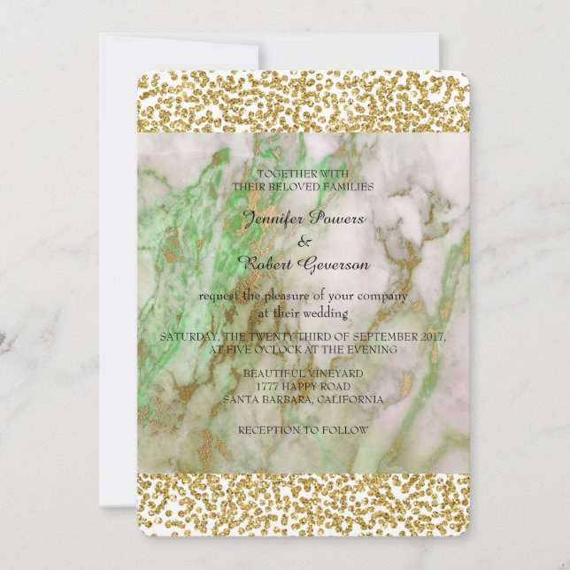 Invitation Confetti doré mariage en marbre vert (Devant)