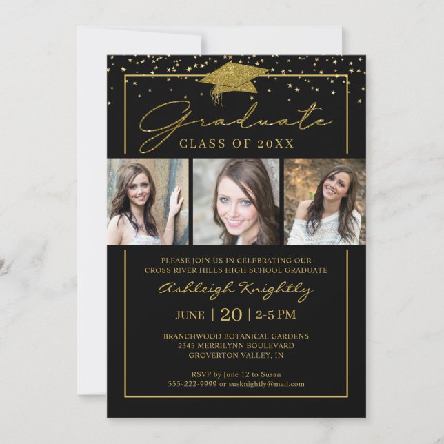 Invitation Confetti doré Script Black Gold Confetti 3 Photos  (Devant)