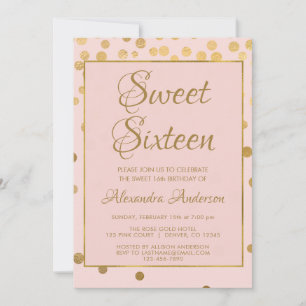 Invitation Confetti doux rose et or 16 Anniversaire