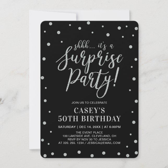 Invitation Confetti en argent et noir | Surprise fête d'anniv (Devant)