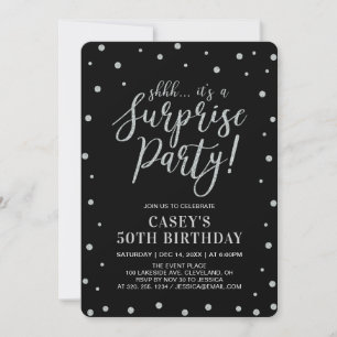 Invitation Confetti en argent et noir Surprise fête d'anniv