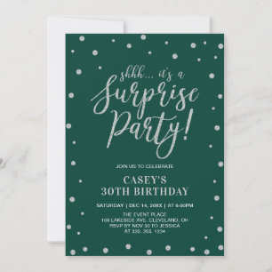 Invitation Confetti en argent et vert   Surprise fête d'anniv