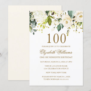 Invitation Confetti en or floral blanc 100e anniversaire