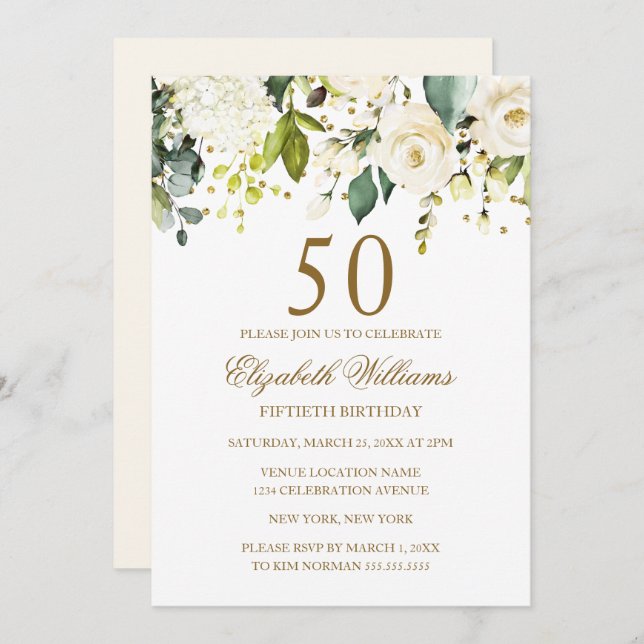 Invitation Confetti en or floral blanc 50e anniversaire (Devant / Derrière)