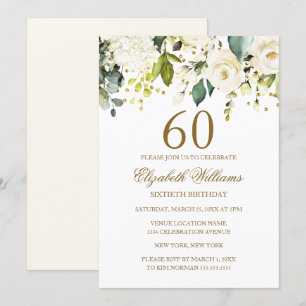 Invitation Confetti en or floral blanc 60e anniversaire