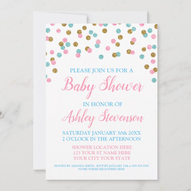 Invitation Confetti en or rose Baby shower neutre genre (Dos)