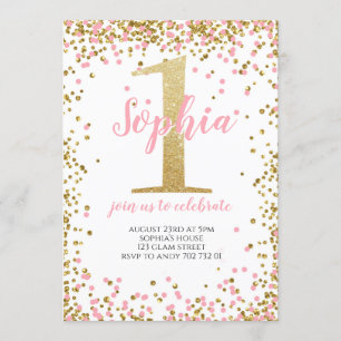 Invitation Confetti Girl Blush Pink Gold Premier Anniversaire