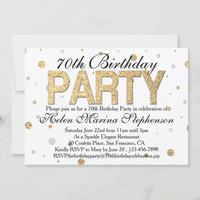 Invitation Confetti Gold 70th Birthday Party (Devant)