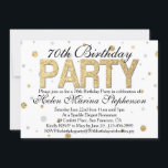 Invitation Confetti Gold 70th Birthday Party<br><div class="desc">Belle fête de 70ème anniversaire invitations imprimées sur mesure. Parties scintillant d'or confetti,  soirée élégante et féminine pour elle à son fabuleux 70e anniversaire. Glitterie brillant blanc et or motif imprimer pois toile de fond. Elégant et classe pour une soirée formelle soignée ou un rassemblement informel.</div>