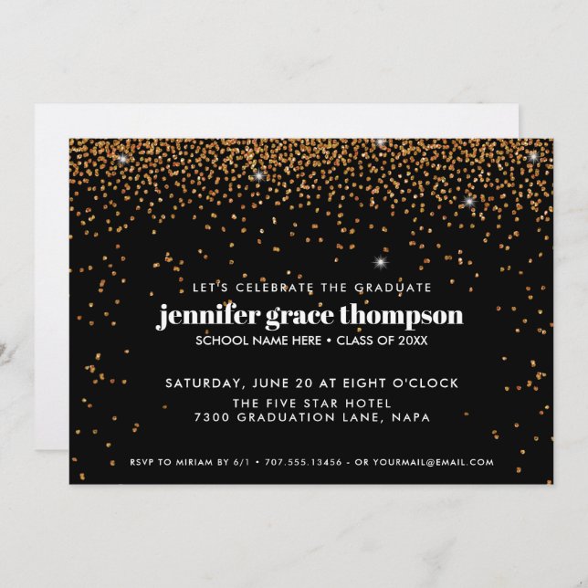 Invitation Confetti Gold et Black Photo Graduation Party (Devant / Derrière)