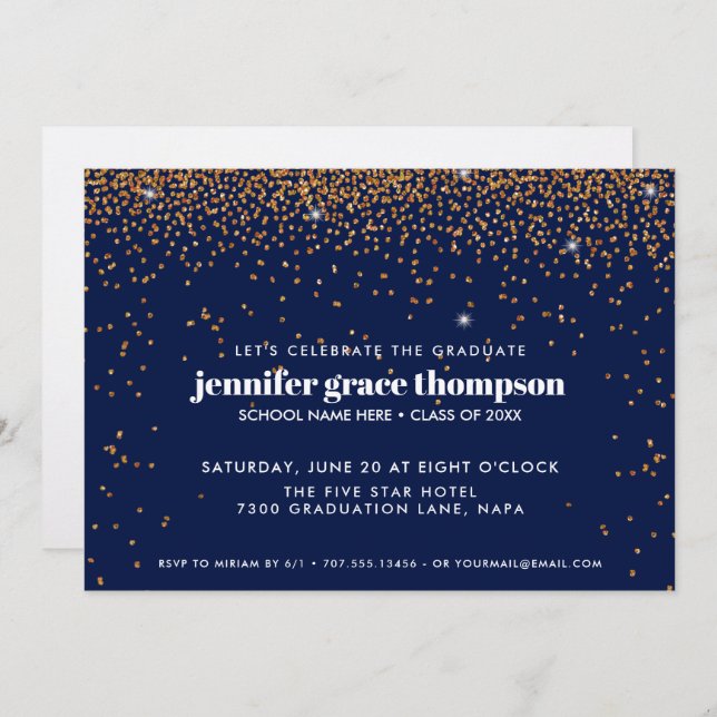 Invitation Confetti Gold et Blue Photo Graduation Party (Devant / Derrière)