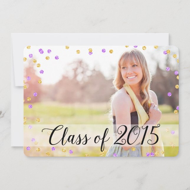 Invitation Confetti Gold Purple Photo 2015 Graduation (Devant)