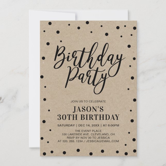 Invitation Confetti & Kraft | Fête d'anniversaire moderne pou (Devant)