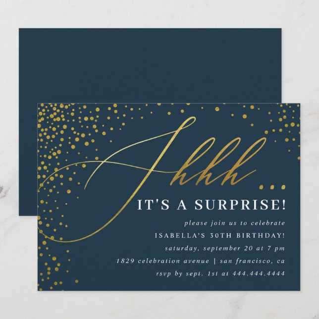 Invitation Confetti Marine & Gold Script Surprise Party (Devant / Derrière)