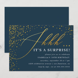 Invitation Confetti Marine & Gold Script Surprise Party