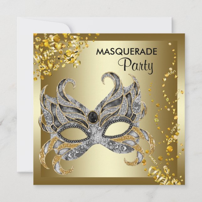 Invitation Confetti Masque Argent Gold Masquerade (Devant)