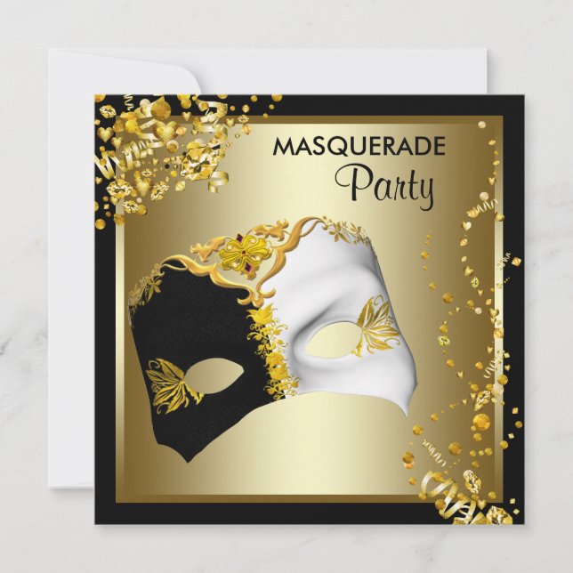 Invitation Confetti Masque Black Gold Masquerade (Devant)