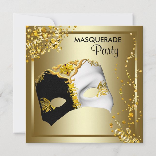 Invitation Confetti Masque Black Gold Masquerade (Devant)