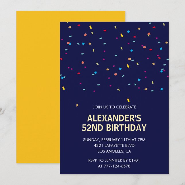 Invitation Confetti moderne bleu marine Hommes 52e anniversai (Devant / Derrière)
