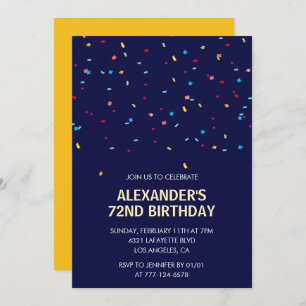 Invitation Confetti moderne bleu marine Hommes 72e anniversai