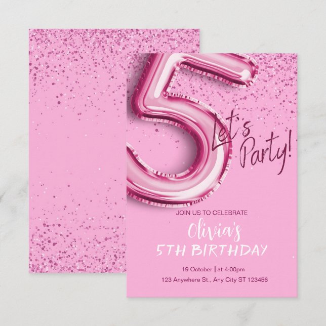 Invitation Confetti moderne rose 5e anniversaire (Devant / Derrière)