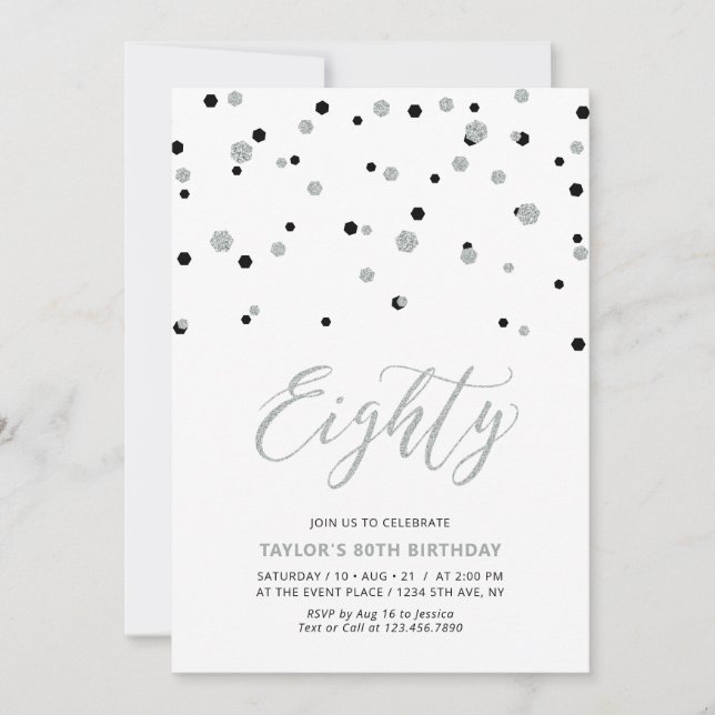 Invitation Confetti Noir & Argent Quatre-vingts 80e anniversa (Devant)