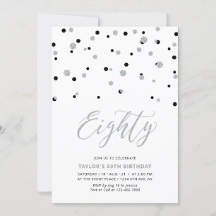 Invitation Confetti Noir & Argent Quatre-vingts 80e anniversa