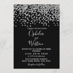 Invitation Confetti noir et argent Élégant Mariage moderne