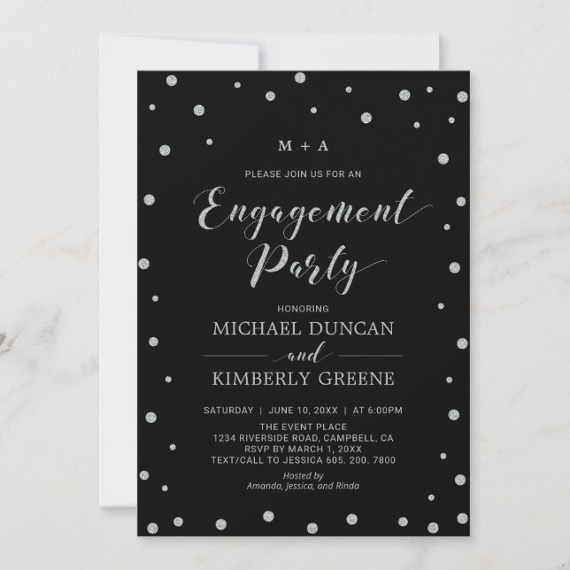 Invitation Confetti noir et argent | Parti d'engagement moder (Devant)