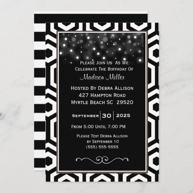 Invitation Confetti noir et blanc fête d'anniversaire (Devant / Derrière)