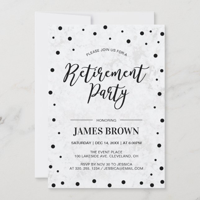 Invitation Confetti noir et marbre | Parti de la retraite mod (Devant)