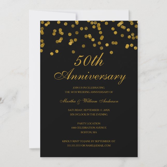 Invitation Confetti noir et or 50e anniversaire de Mariage (Devant)