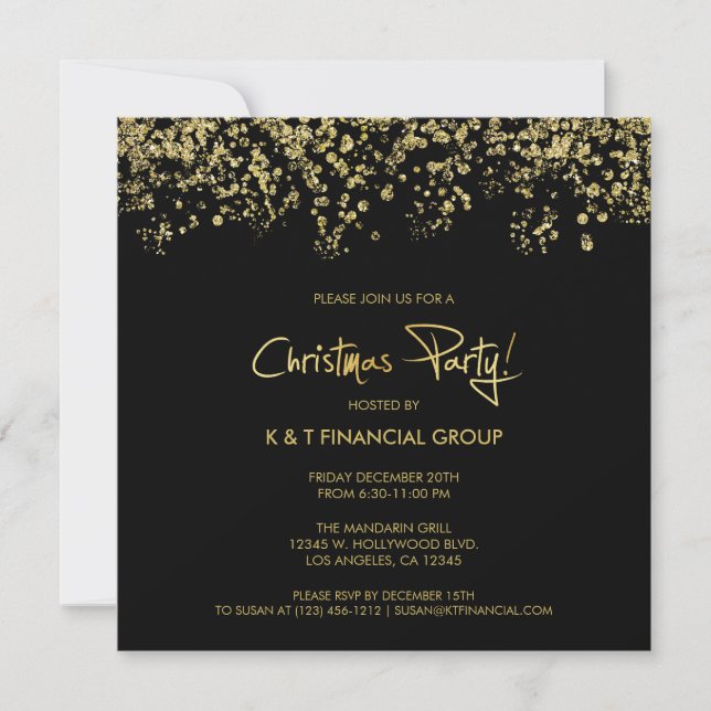 Invitation Confetti Noir & Or Company Dîner de Noël (Devant)