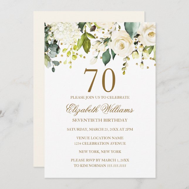 Invitation Confetti or floral blanc 70e anniversaire (Devant / Derrière)