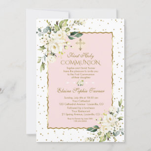 Invitation Confetti Or Luxe Blanc Floral Sainte Communion
