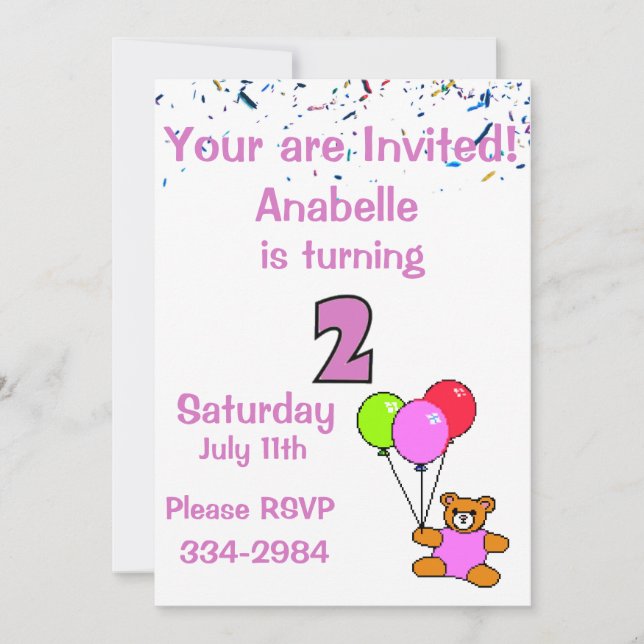 Invitation Confetti, Ours en peluche, Ballons Girl's 2nd Birt (Devant)