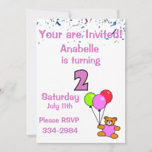 Invitation Confetti, Ours en peluche, Ballons Girl's 2nd Birt