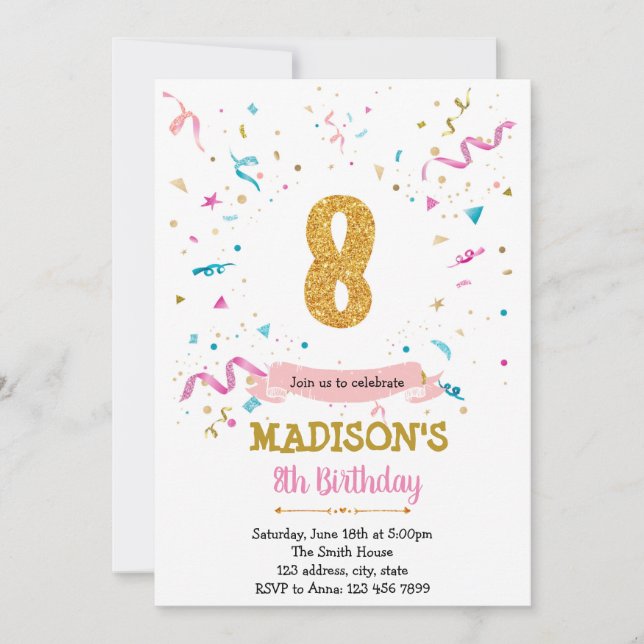 Invitation Confetti parties scintillant 8e anniversaire invit (Devant)