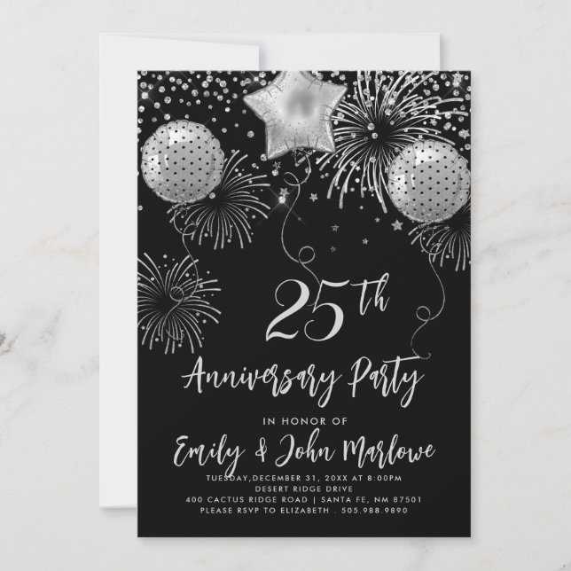 Invitation Confetti Parties scintillant d'argent du 25e anniv (Devant)