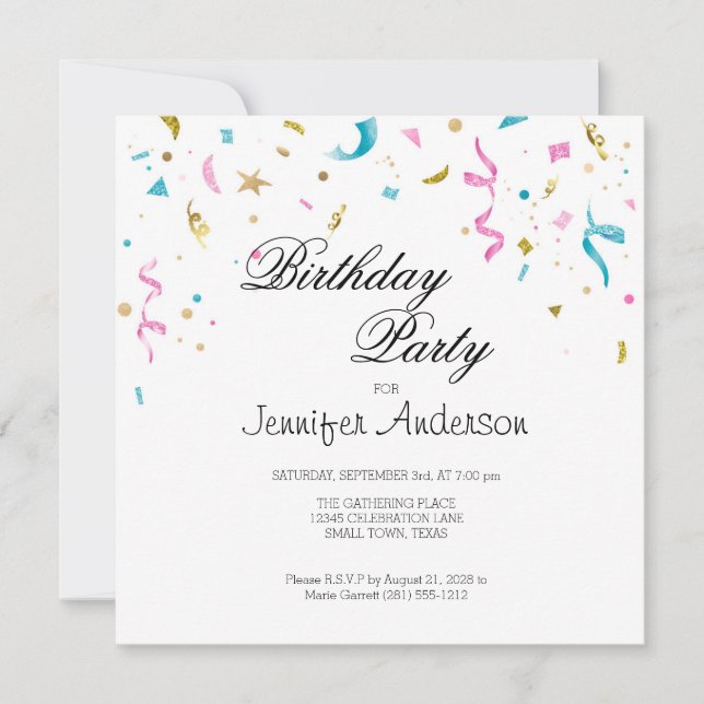 Invitation Confetti Parties scintillant rose et aq (Devant)