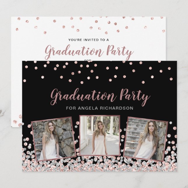 Invitation Confetti Photo Collage Rose Gold Graduation Party (Devant / Derrière)
