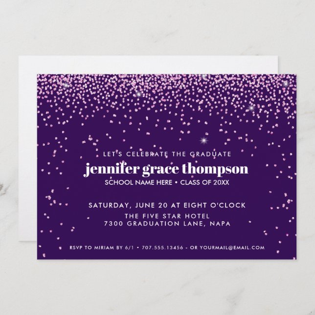 Invitation Confetti Pink and Purple Photo Graduation Party (Devant / Derrière)