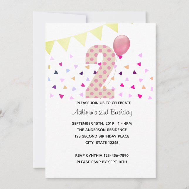 Invitation Confetti Pink Polka Dot Gold 2e anniversaire fille (Devant)