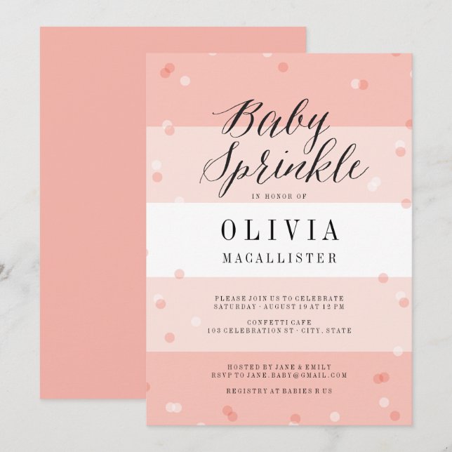 Invitation Confetti Pink Stripes Fille Bébé Sprinkl Invitatio (Devant / Derrière)