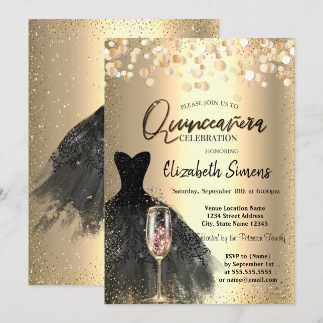 Invitation Confetti Points, Robe noire Verre à vin Quinceañer (Devant / Derrière)